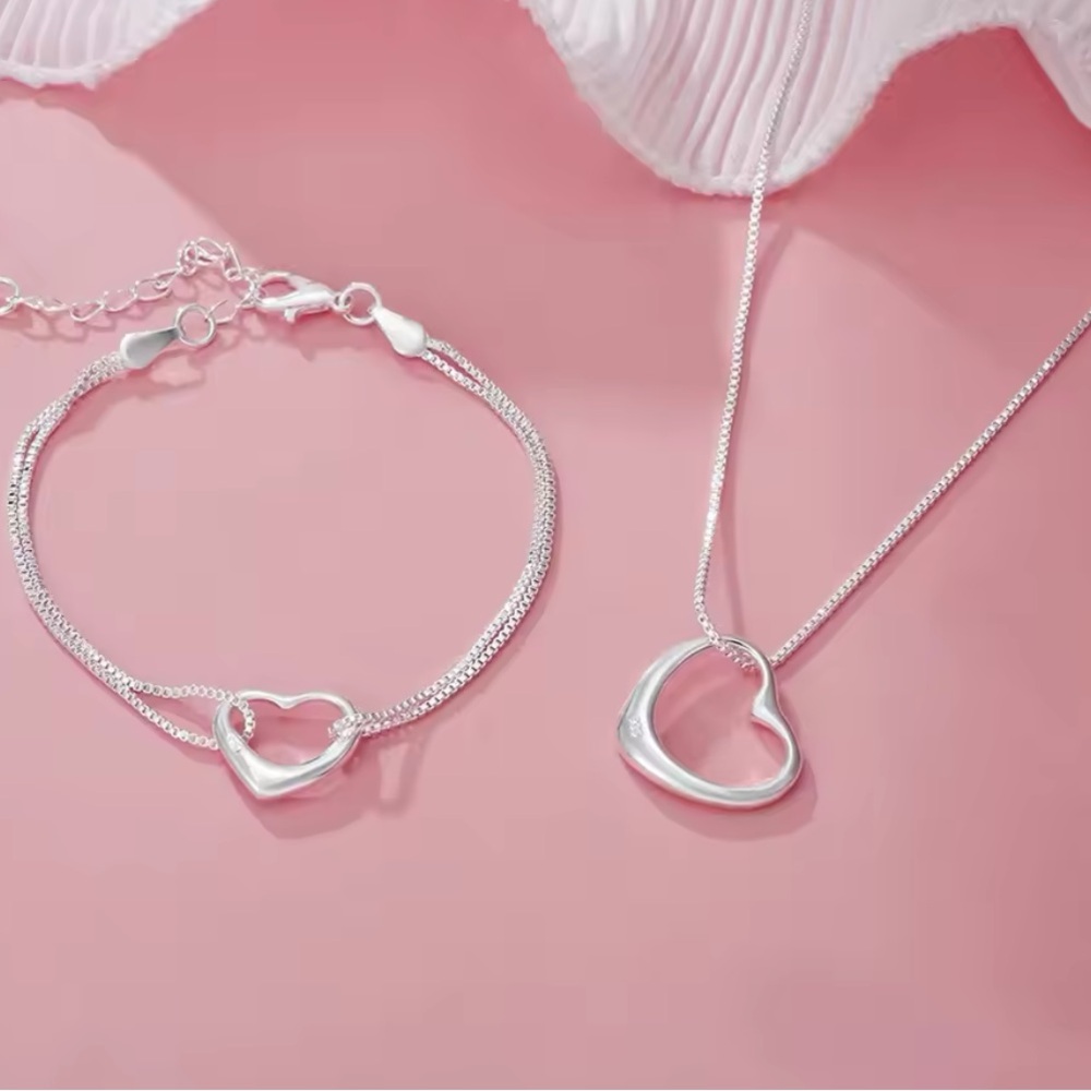 New 925Sterling Silver Jewelry Set Heart Shape HighQuality Bracelet And Necklace